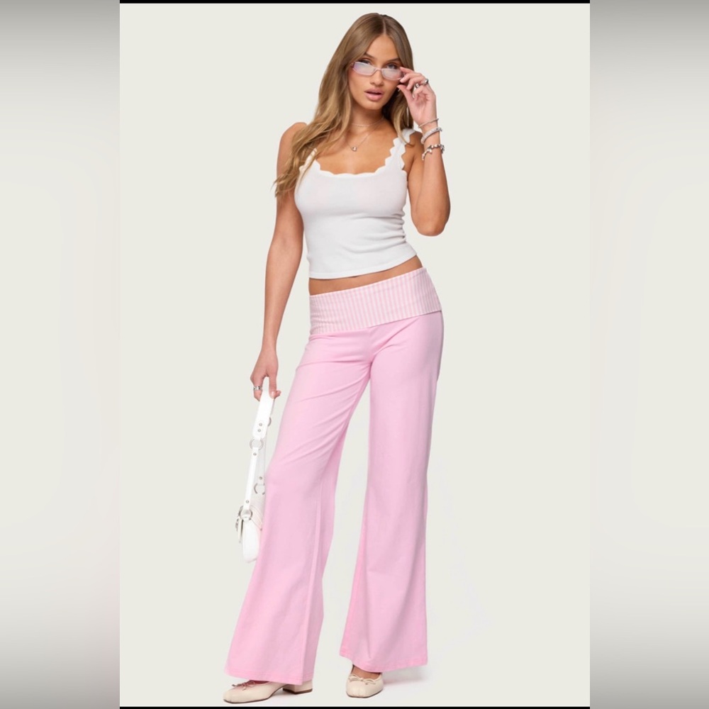 •EDIKTED•BNWT BARBIE PINK MESHY STRIPED FOLDOVER PANTS SIZE MEDIUM